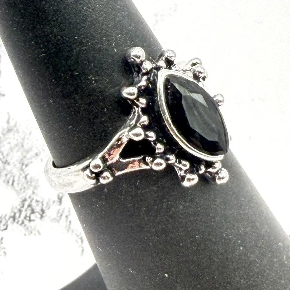 Black‎ Marquise Statement Ring Silver Tone Gothic Vintage Style Size 5.75 New
